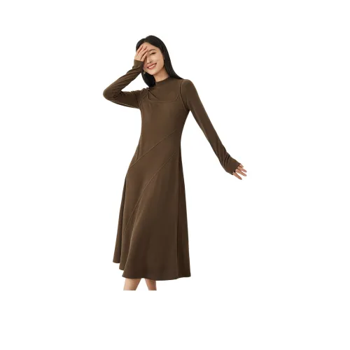 OUNIXUE Длинное платье с длинными рукавами женское чайный коричневый