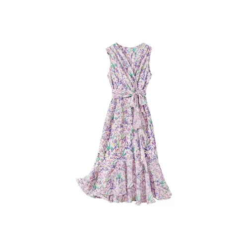 Cypress House Без рукавов Платье Женское Бежевый с Фиолетовым Цветочным Принт