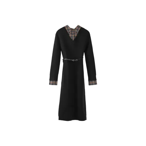 Fstudio Корейский стиль Повседневный С утяжкой на талии Пэчворк Длинный рукав Платье Женское Черное