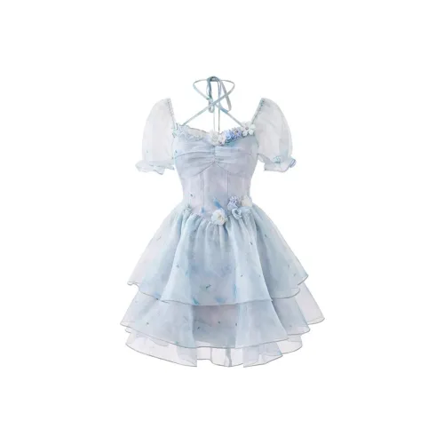 XIAOJUCHUANLI Blue Женские Короткие Платья с Рукавами