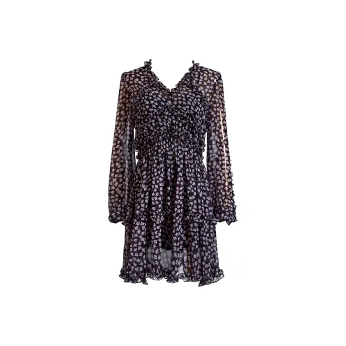 NancyCavally Черное с Фиолетовым Цветочным Женское Длинное Платье с Длинным Рукавом