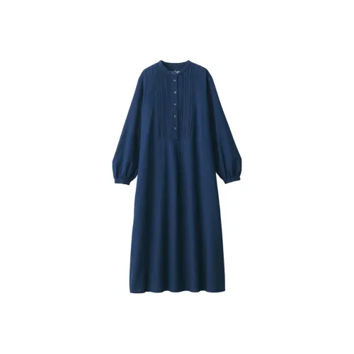 MUJI Длинное платье с длинными рукавами женское темно-синий