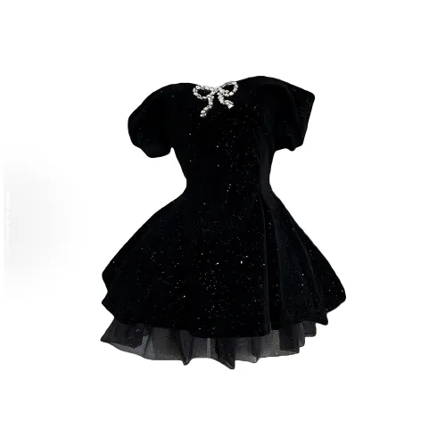 POPO.INFO Короткий рукав платье женское черное