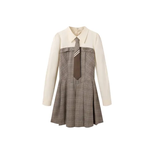 LEDIN Длинный рукав Платье Женское Твердый Пшеница