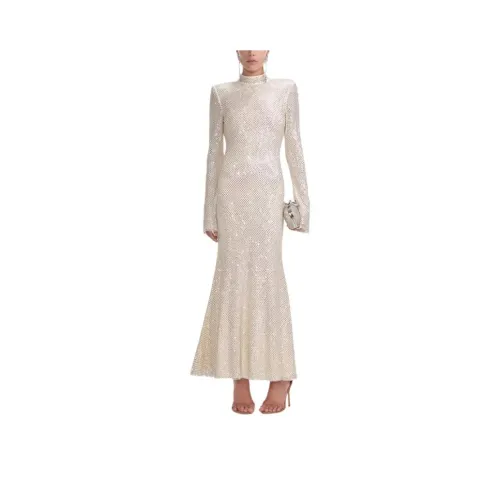 Self Portrait Новый год Длинное Платье с рукавами Женское Светлый Бежевый Абрикос