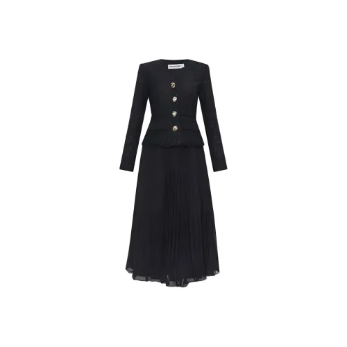 Self Portrait Длинное Платье с Длинными Рукавами Женское Черное