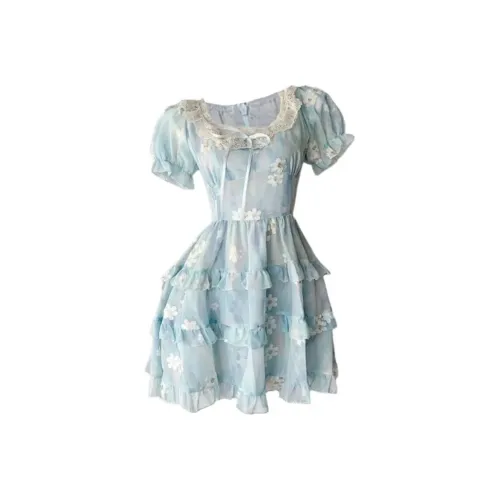 UTHA Короткий рукав Платье Женское Кружево Синий