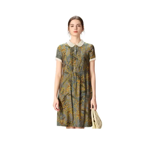 FENHONGMALI Короткий рукав Платье Женское Желтый Цветочный