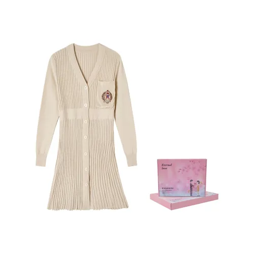 Лето будет после ужина. Длинное платье с длинными рукавами женское набор в подарочной коробке бежевый
