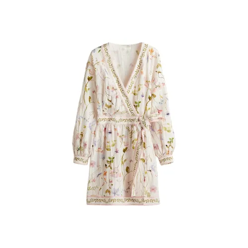 H&M Крем/Цветочный Женские Длинные Платья с Рукавами