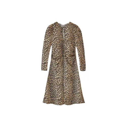 GANNI FW24 Длинное платье с длинными рукавами женское с леопардовым принтом