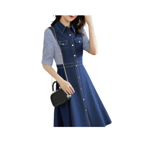 Like The Age Of Water Короткий рукав Платье Женское Джинсовый синий