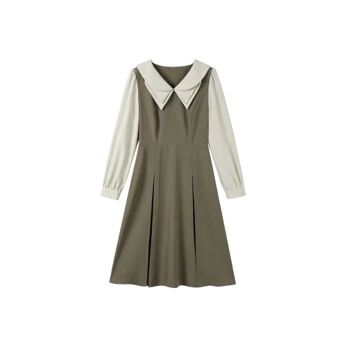 Роскошь Длинное Платье с Длинными Рукавами Женское Темно-зеленое со Светло-зеленым