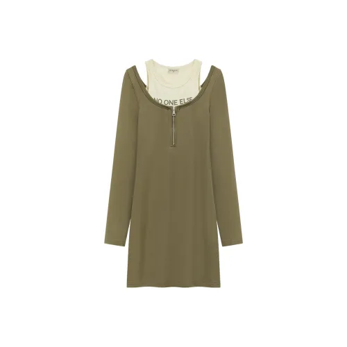 NO ONE ELSE Горчичный зеленый Женские Длинные Платья с Рукавами