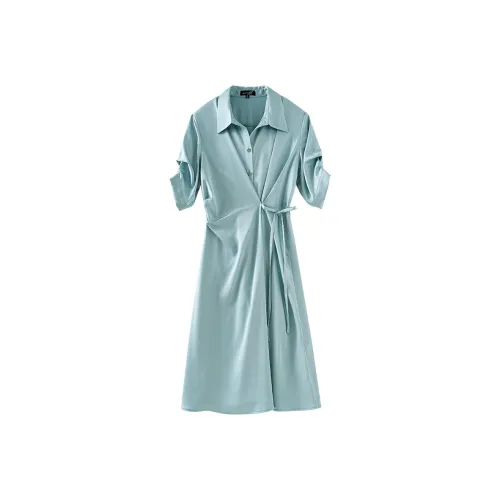 OUNIXUE Летнее Короткое Платье с Короткими Рукавами Женское Бирюзовое