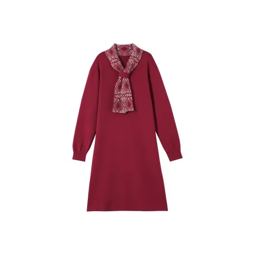 OUNIXUE Длинное платье с длинным рукавом женское темно-красное