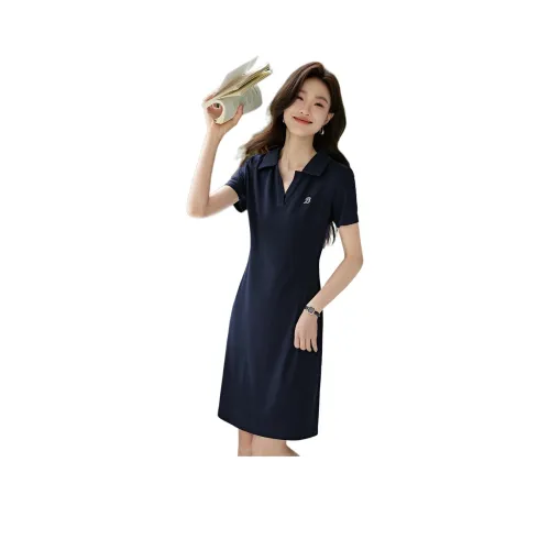 Mo Han Yi Mei Короткий рукав Платье Женское Темно-синий