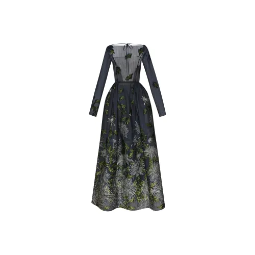 Oscar De La Renta SS24 Длинное платье с длинными рукавами женское морской синий