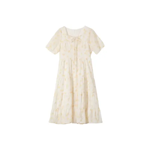 ONE PASS STUDIO Короткий рукав Платье Женское Абрикосовое