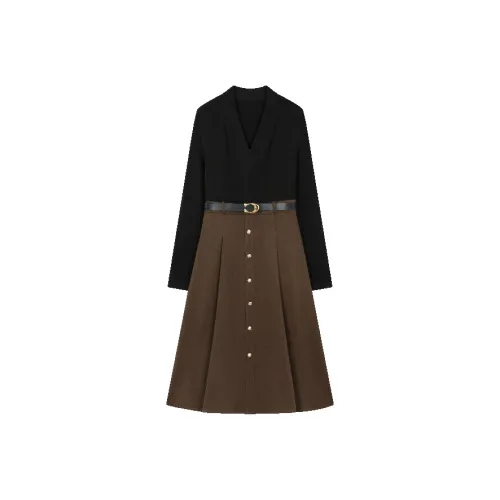 Mo Han Yi Mei Длинный рукав Платье Женское Кофейное