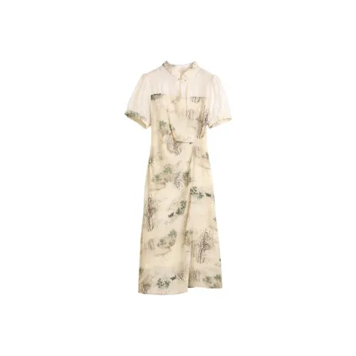 Hang Yi Court Короткий рукав Платье Женское Абрикосовое