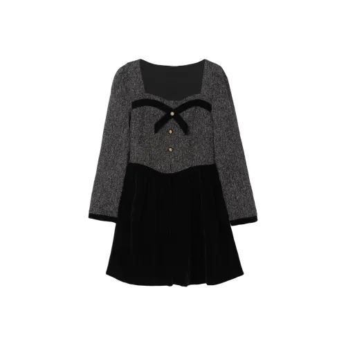 FAWENXIANGZI Длинный рукав Платье Женское Черное