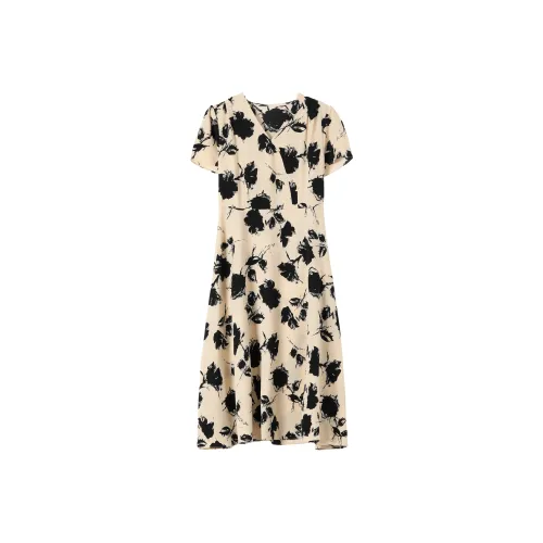 ONE PASS STUDIO Короткий рукав Платье Женское Абрикосовое с Черными цветами