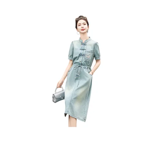 MJ Короткий рукав Платье Женское Джинсовый синий