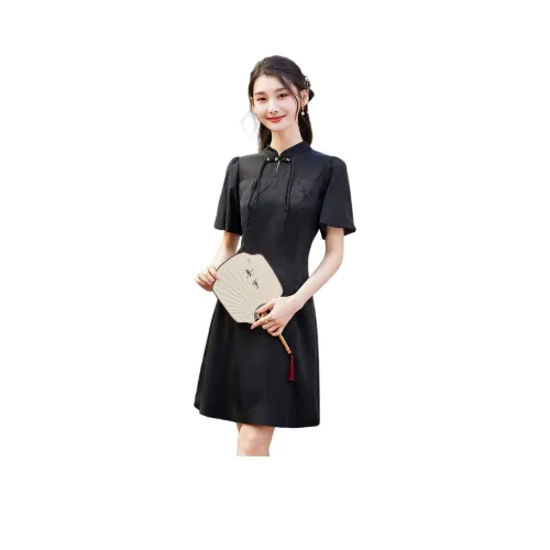 Like The Age Of Water Короткий рукав Платье Женское Черное