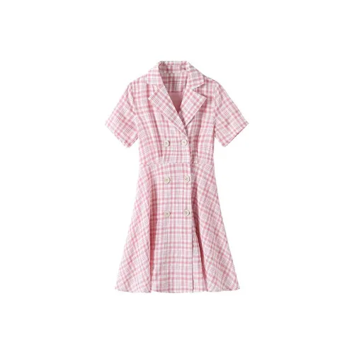 MIGU Двойной Breasted Клетчатый Юбка, Многоцветный Женские Короткие Платья с Рукавами