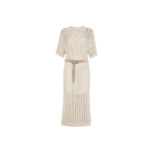 Brunello Cucinelli Светло-бежевые Женские Платья с Коротким Рукавом