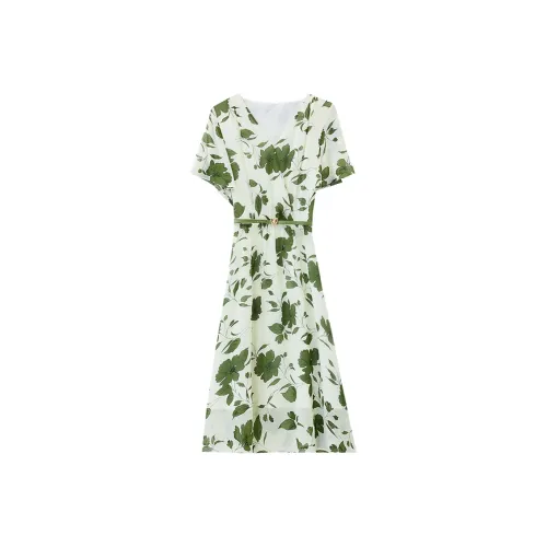 MISTVB Короткий рукав Платье Женское Белое Подкладочная ткань Зеленый узор