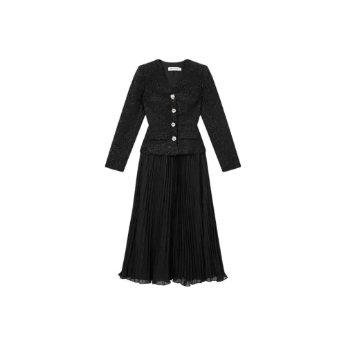 Self Portrait Длинное Платье с Длинными Рукавами Женское Классическое Черное