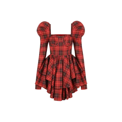 Selkie Коллекция FW24 Длинное Платье с Длинными Рукавами Женское Королевское Тартановое Красное с Классическим Клетчатым Принт