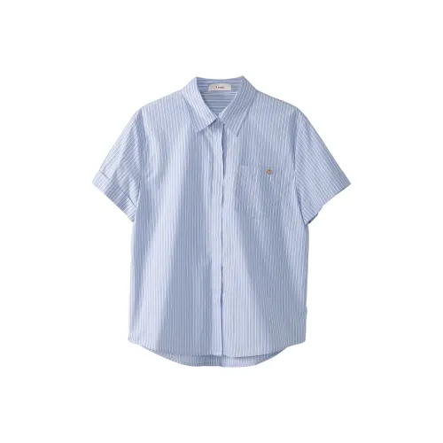 Fstudio Корейский стиль Мода Короткий рукав Рубашка Юбка с оборками Комплект Женский Синий