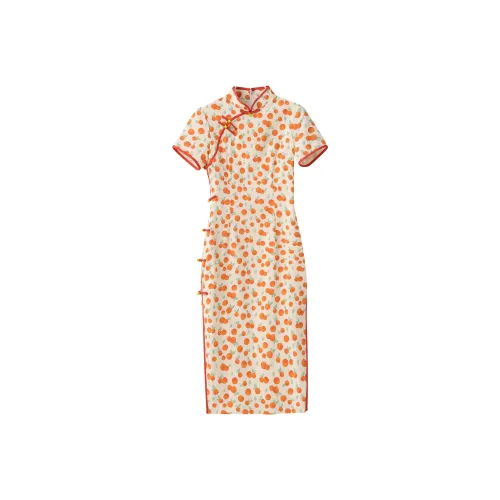 Корейский стиль короткий рукав платье женское апельсин