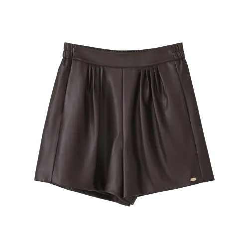 Fstudio Осень и Зима Винтаж Однотонный PU Кожа Повседневные Шорты Женские Кофейного Цвета
