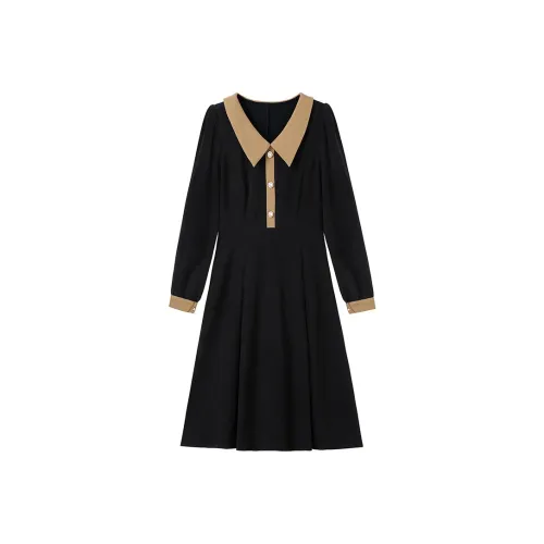 Luxury Длинное Платье с Длинными Рукавами Женское Черное с Хаки