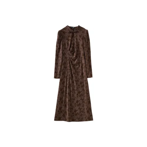 OUNIXUE Длинное платье с длинными рукавами женское темно-красное умбра