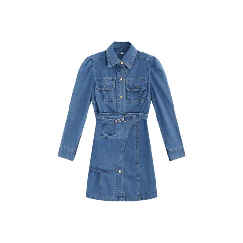 Garbege Синий Женские Длинные Платья с Рукавами