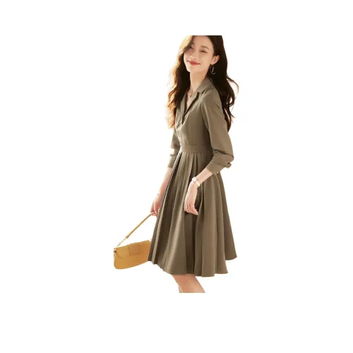 Mo Han Yi Mei Длинное платье с длинными рукавами женское хаки