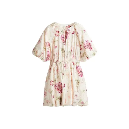 H&M Крем/Розовые цветы Женские Платья с Коротким Рукавом