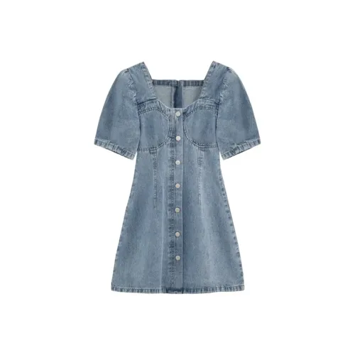 BIFH Короткий рукав Платье Женское Синее