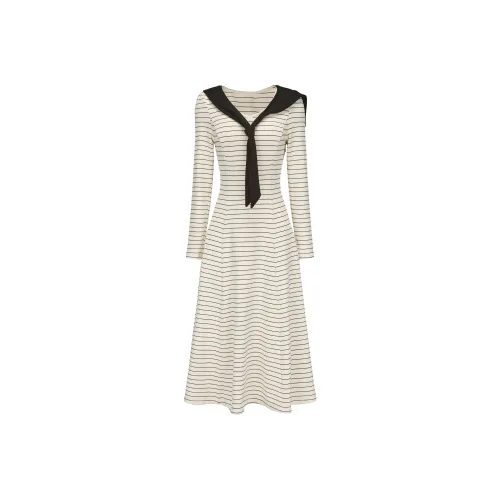 CHIWAWAMEME Длинное платье с длинными рукавами женское бархатное черное и с белыми полосами