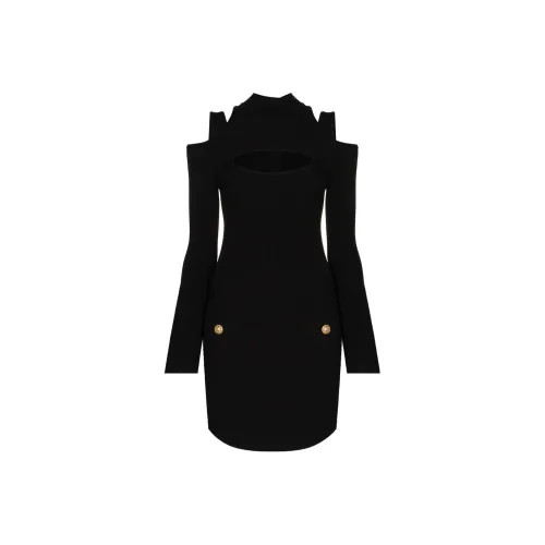 BALMAIN Черное Женское Длинное Платье с Рукавами