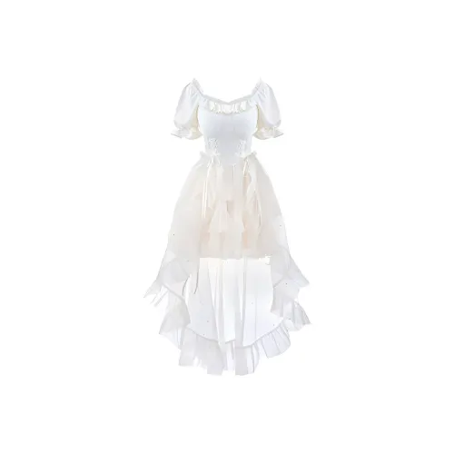 COVT Короткий рукав Платье Женское Абрикос + Бант + Съемная юбка Тапочки Трехкомпонентный комплект