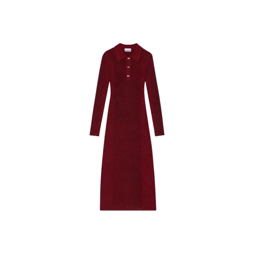 GANNI Красный Melange Ребро POLO Платье Длинное с длинными рукавами Платье Женское Красный