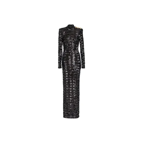 BALMAIN Черное Женское Длинное Платье с Рукавами