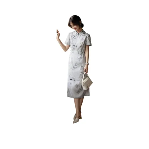 XWI Короткий рукав Платье Женское Светло-серый Синий