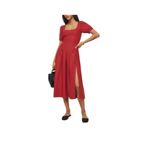 Reformation Coucou Платье из льна Короткий рукав Платье женское Томатный красный